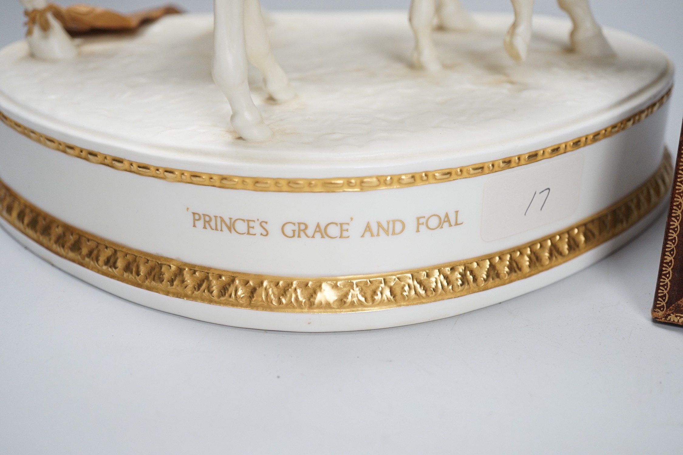 A Royal Worcester group ‘’Princess Grace and Foal’’, modelled by Doris Lindner (cracked). 22.5cm high